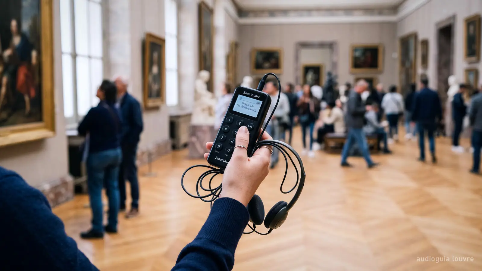 Imagen generada: una mano con una audioguía y auriculares en una sala de museo