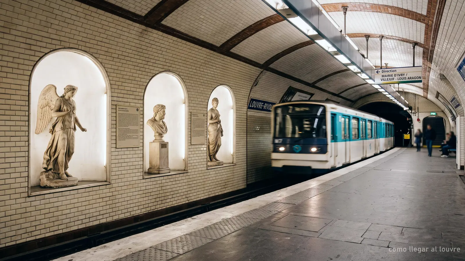Üretilmiş görsel: vitrinlerde heykellerin bulunduğu bir Paris metro peronu