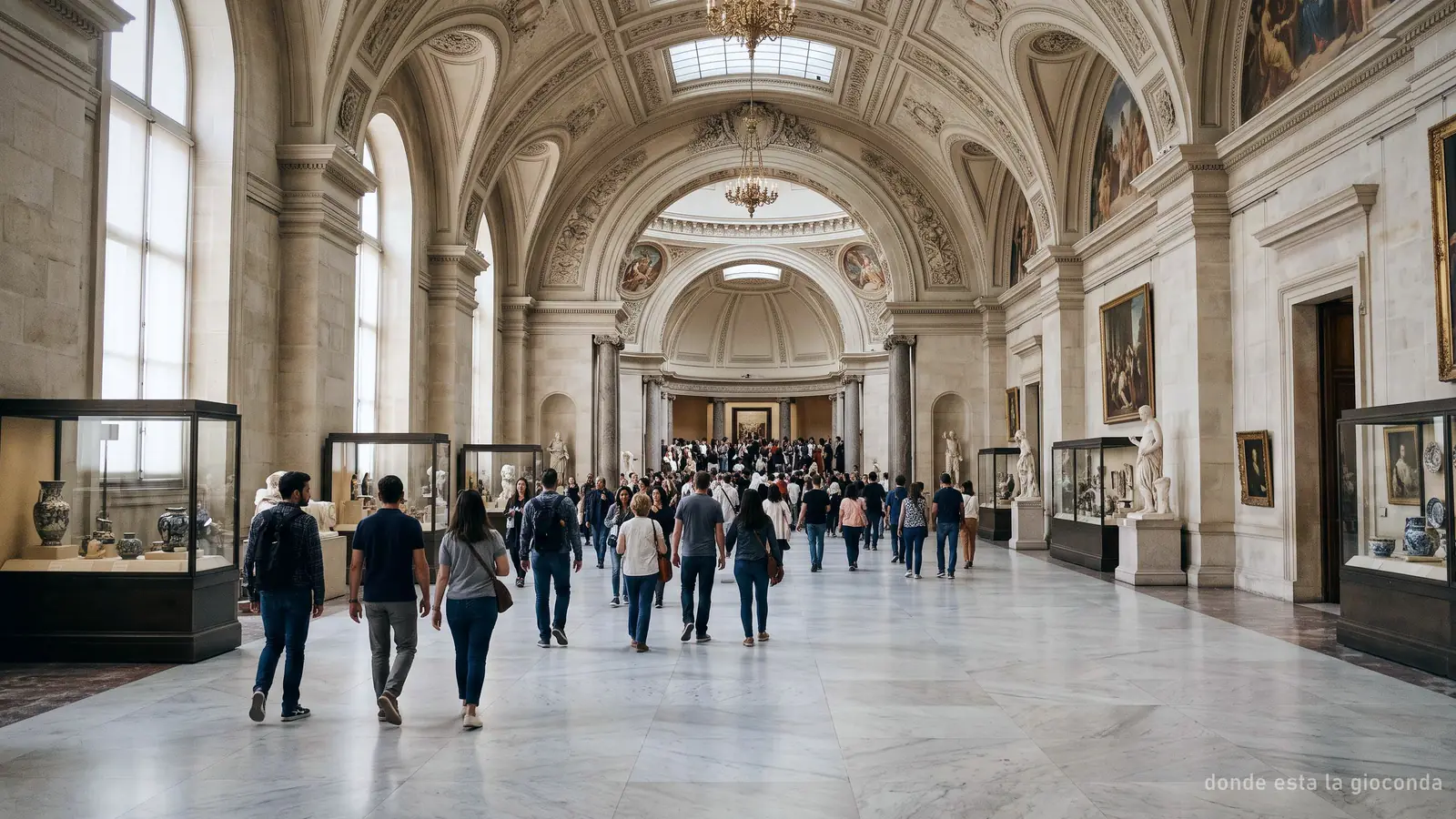 Imagen generada: visitantes que avanzan por una gran sala de museo hacia el fondo