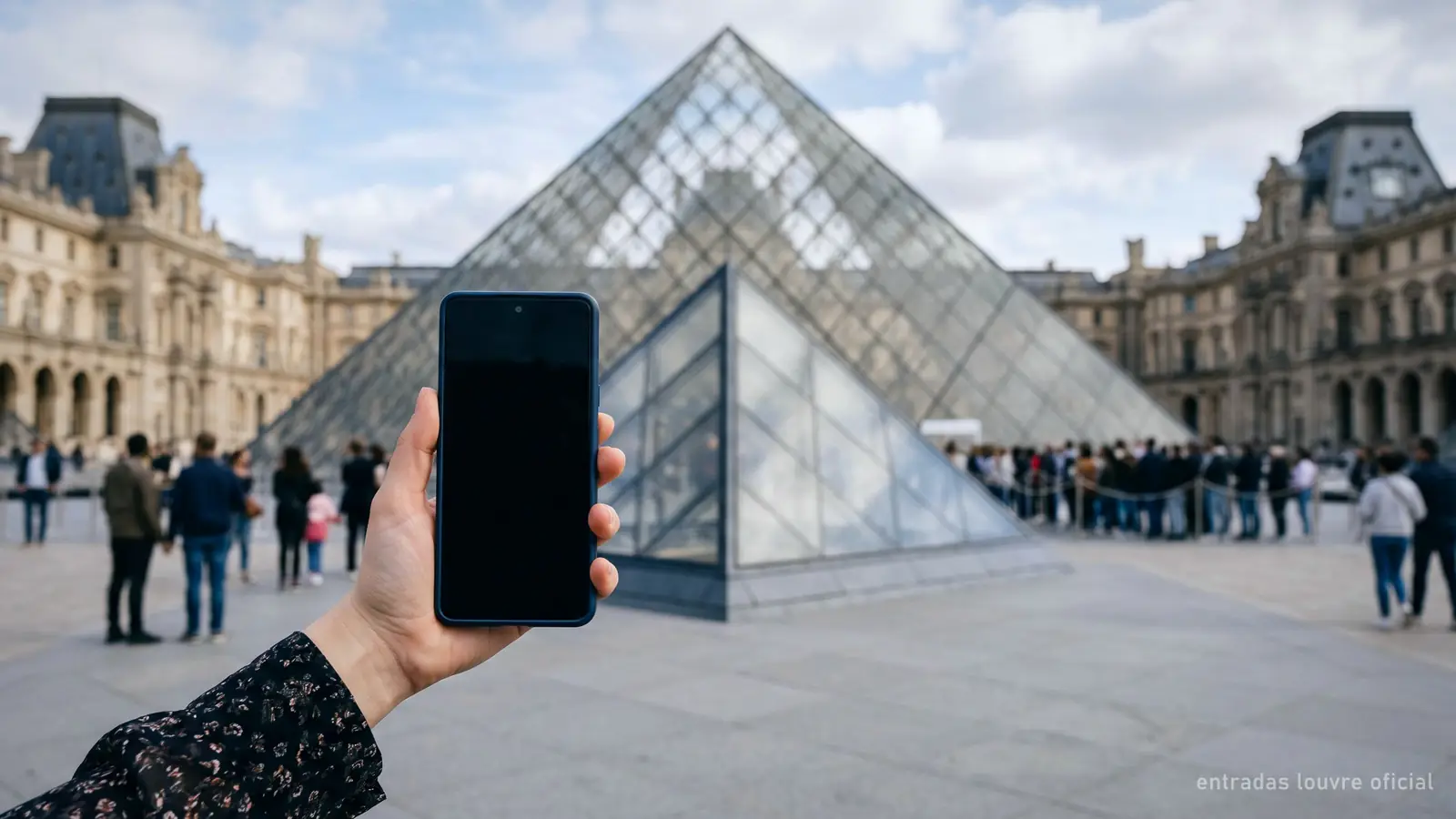Imagen generada: un móvil con una entrada electrónica delante de la pirámide del Louvre