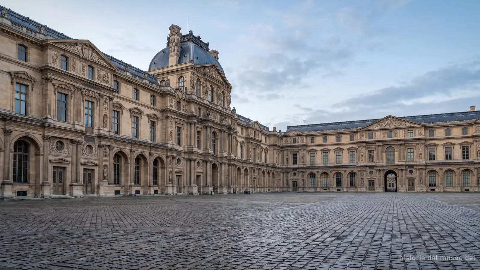 Imagen generada: el patio Cuadrado del palacio del Louvre a primera hora