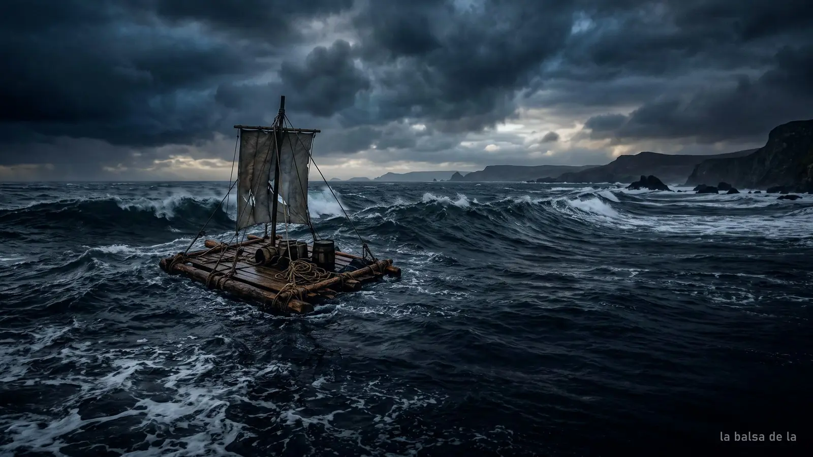 Imagen generada: una balsa de madera en un mar embravecido bajo un cielo de tormenta