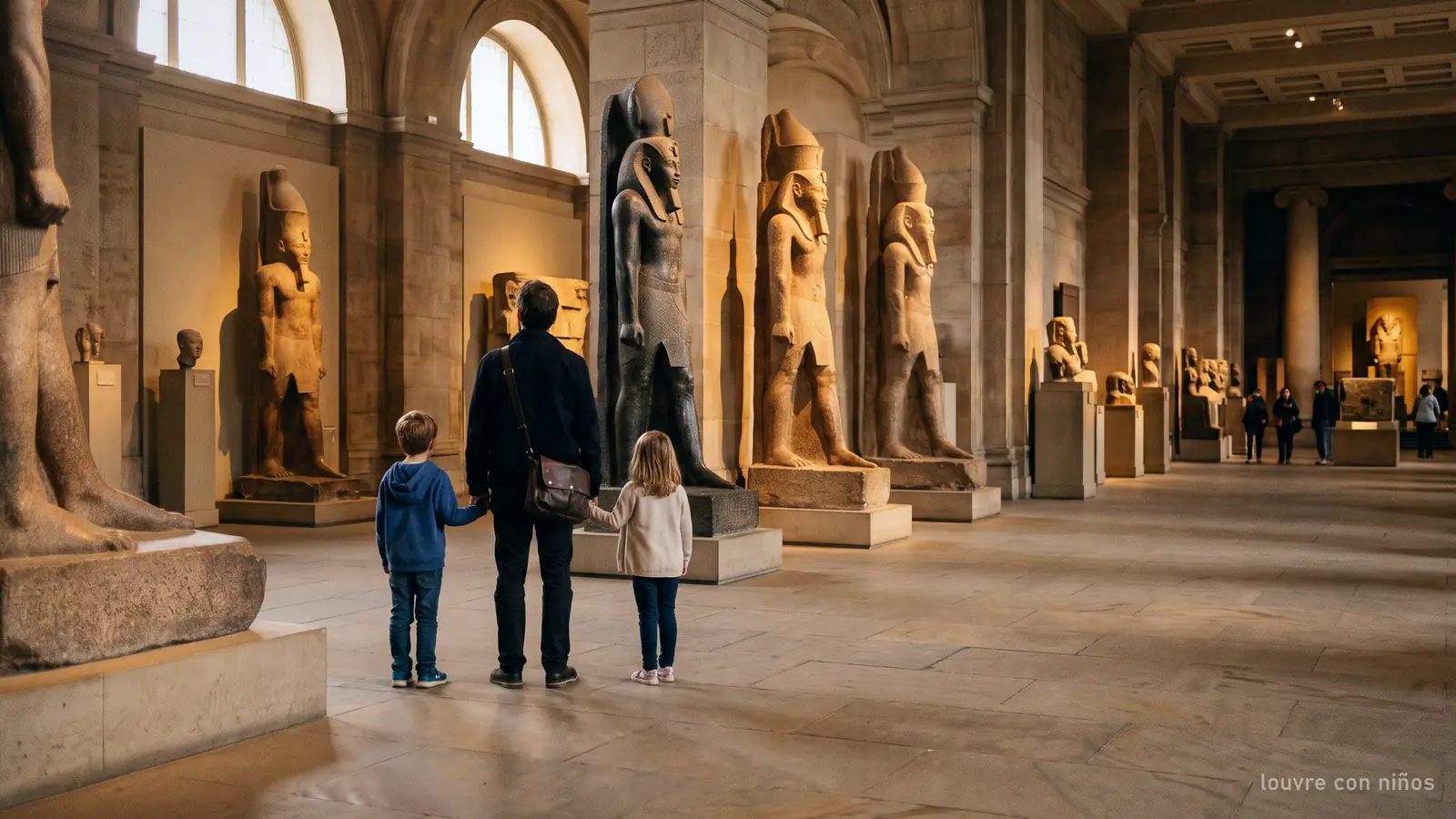 Imagen generada: un adulto y dos niños miran estatuas egipcias en un museo