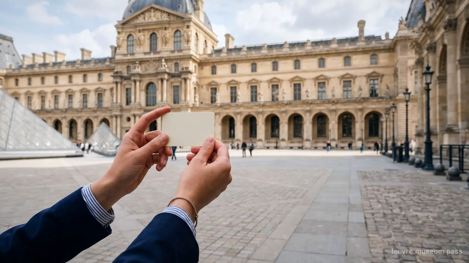 Imagen generada: una tarjeta de pase de museos en la mano delante de una fachada de París