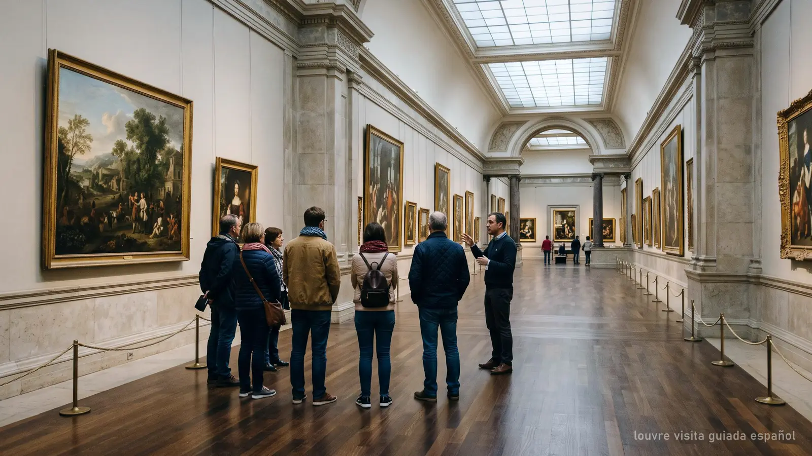 Imagen generada: un grupo pequeño escucha a su guía en una galería de pintura con luz cenital