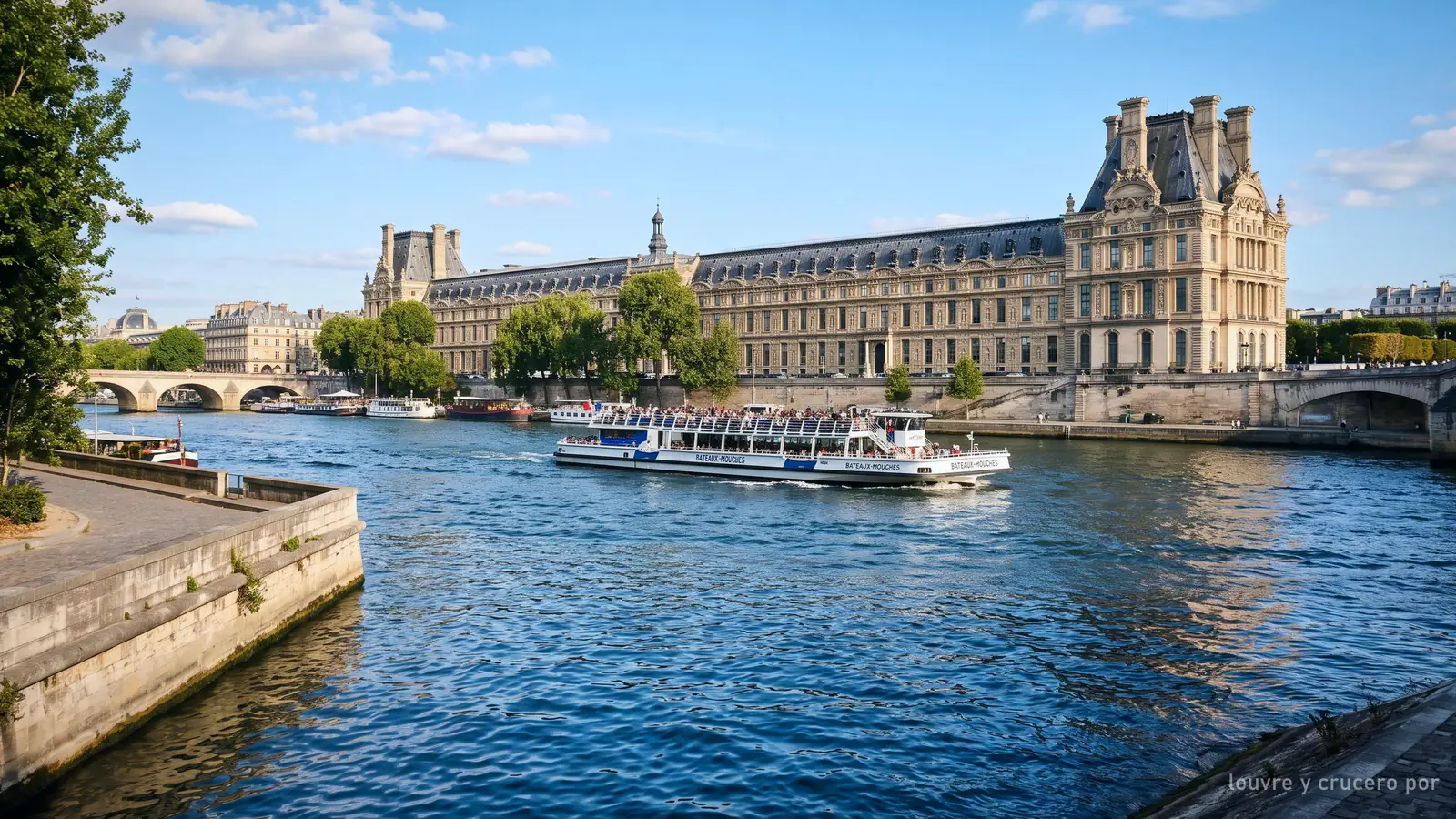 Imagen generada: un barco turístico por el Sena frente a la fachada del Louvre
