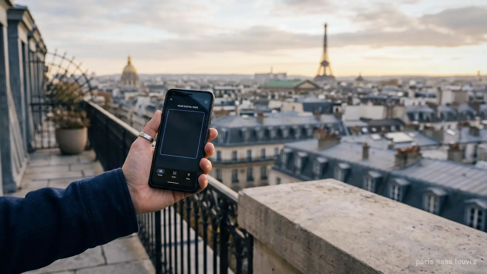 Imagen generada: un móvil con un pase digital y los tejados de París al fondo