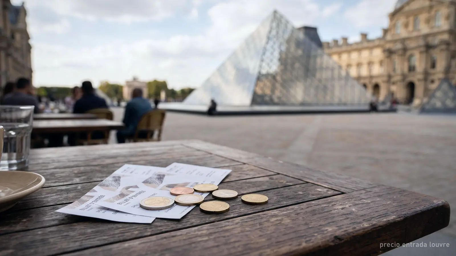 Imagen generada: entradas de museo y monedas de euro con la pirámide del Louvre al fondo