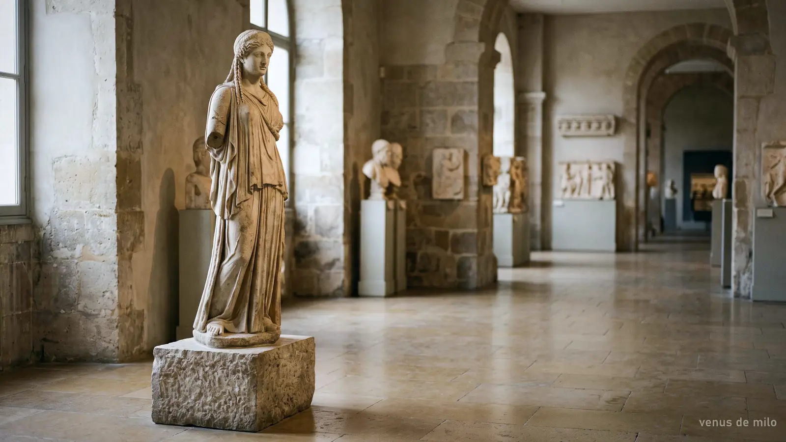 Imagen generada: una estatua femenina de mármol sin brazos en una sala de luz suave