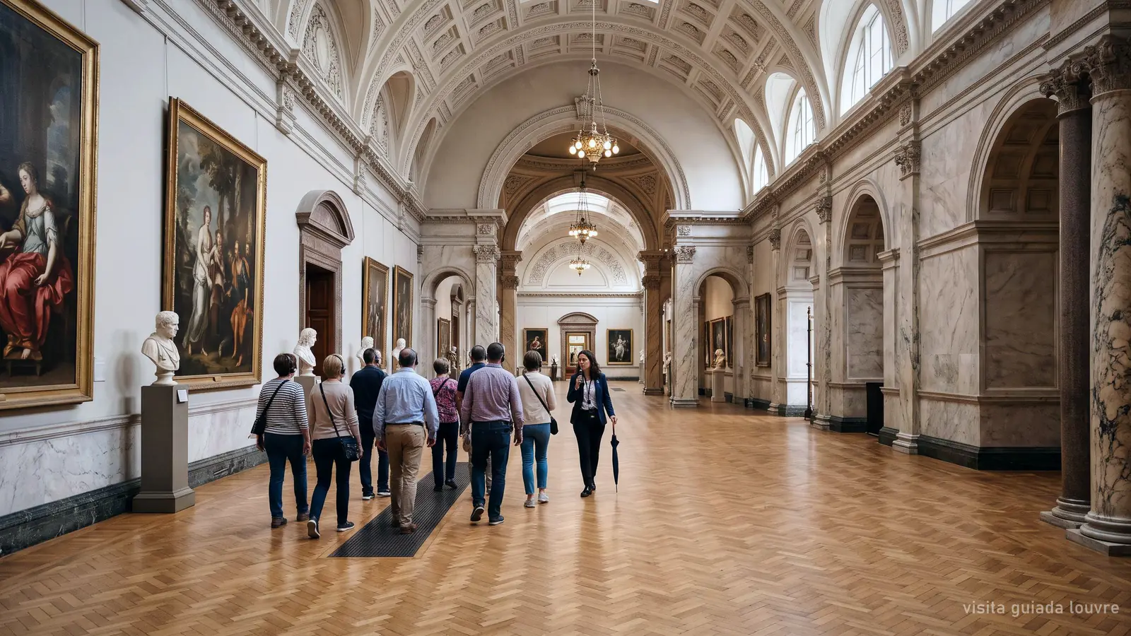 Imagen generada: un grupo con auriculares sigue a un guía por una galería de museo